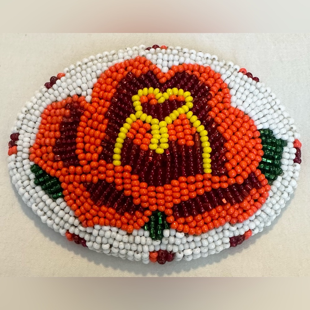 Hand-Beaded Floral Belt Buckle – Signed PS ❤️ 91 – Native Style Artisan Beadwork